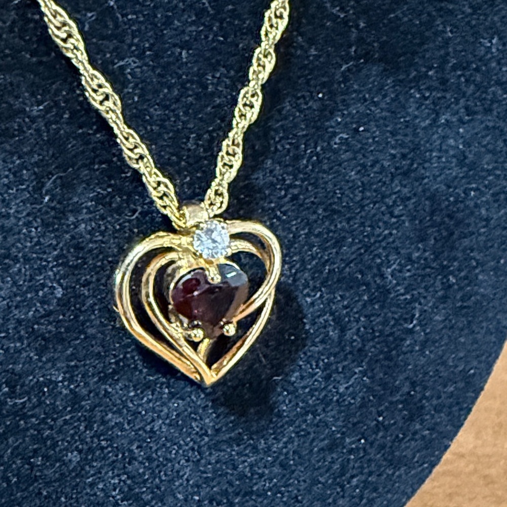 Korea stamped gold tone faux garnet and diamond heart pendant necklace